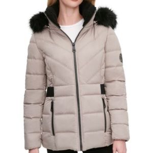 DKNY Black Women's Jacket Faux Fur Trim Hooded Puffer Coat size XS